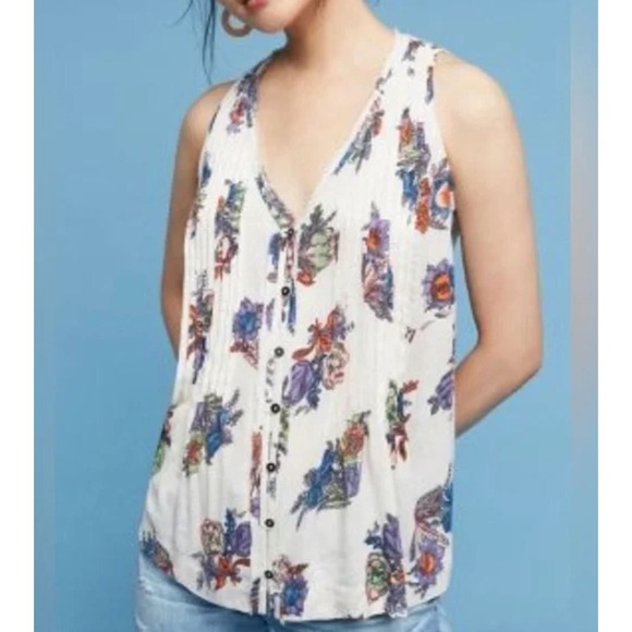 Maeve Tops - MAEVE Floral Pintuck Sleeveless Button Front Blouse Cottagecore Country Sz M